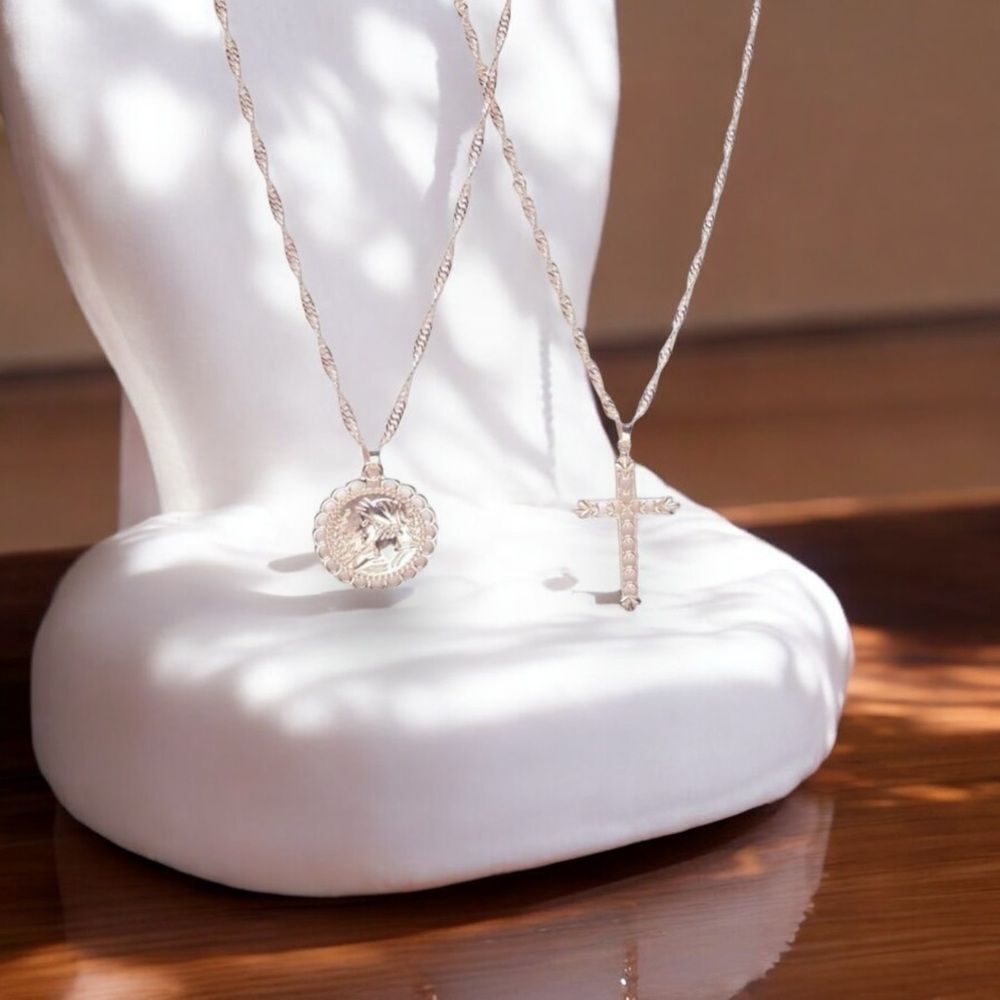 Silver Twisted Chains Cross and Sovereign Necklaces Set NWT